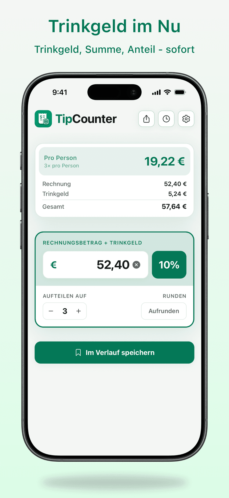 Rechnung, Trinkgeld und Summe auf einen Blick