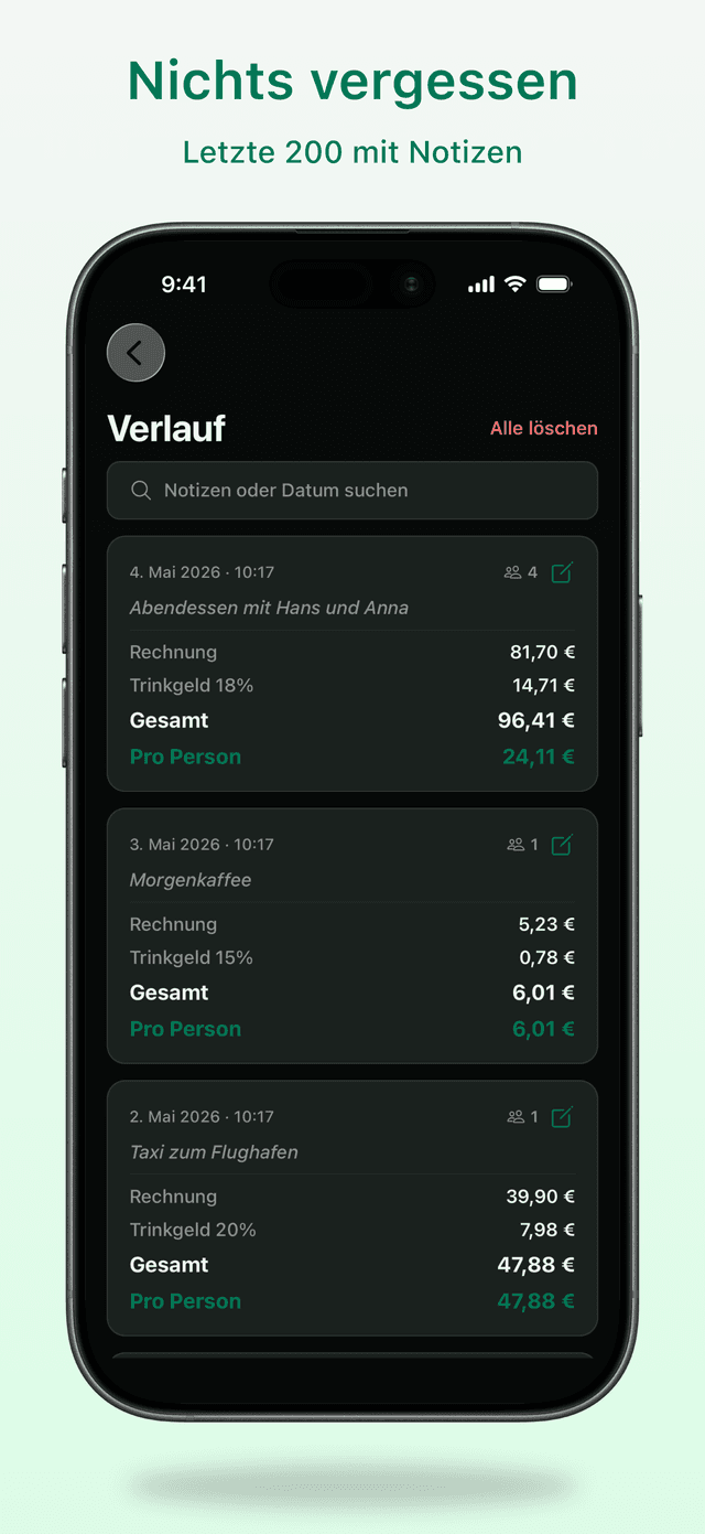 Gespeicherte Berechnungen mit Notizen (Pro)