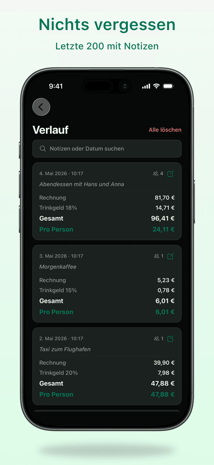 Gespeicherte Berechnungen mit Notizen (Pro)