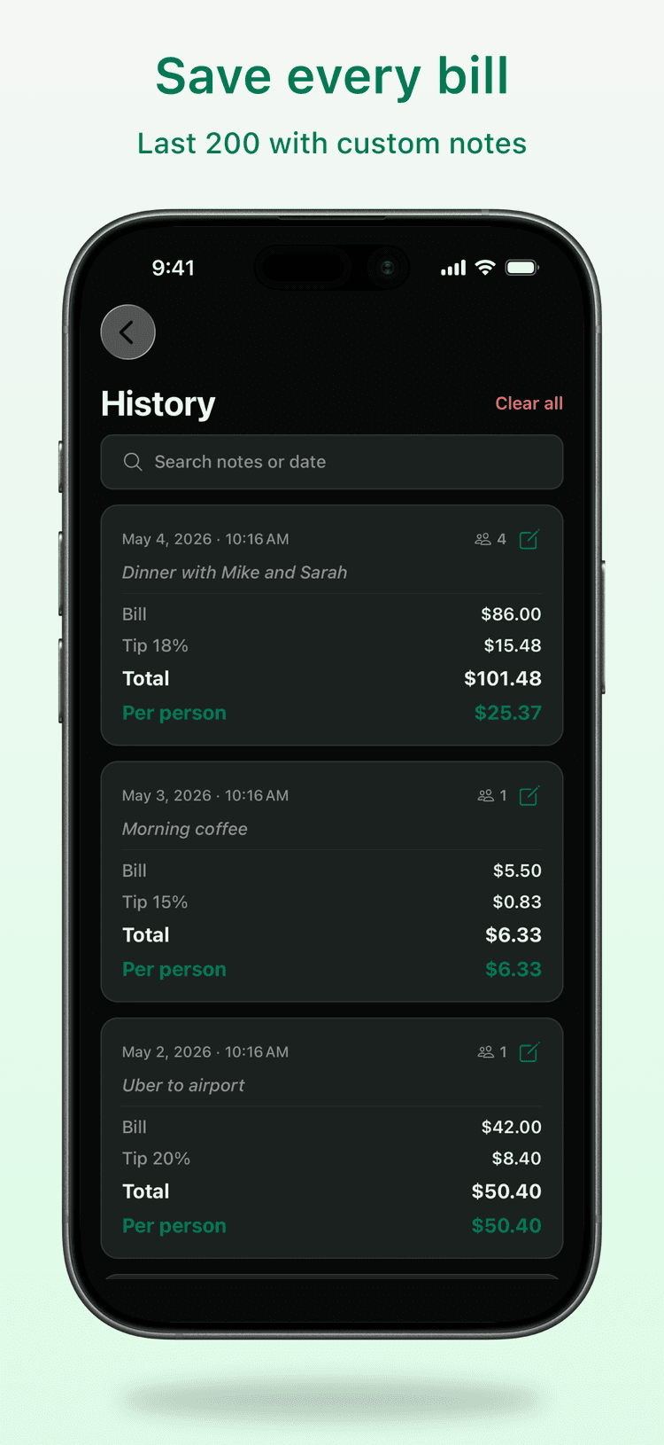 Saved calculations with notes (Pro)